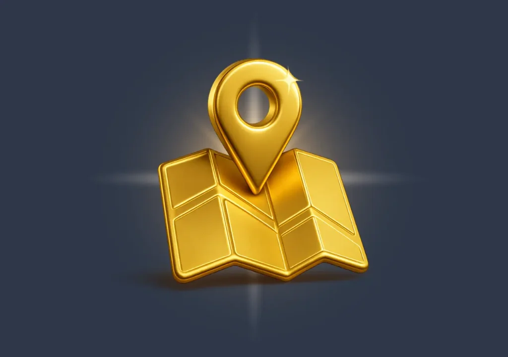 Golden 3D map with shining location pin, symbolizing local voice search queries