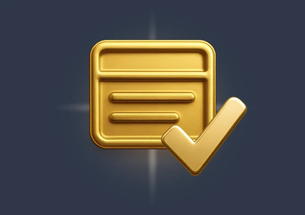 Golden checkmark icon symbolizing verified featured snippets and structured answers for voice search.