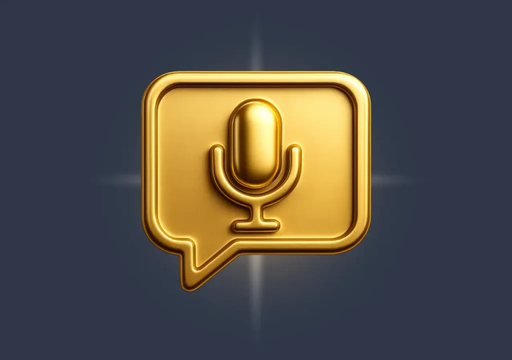 Golden 3D chat bubble with microphone symbolizing conversational intent in voice search