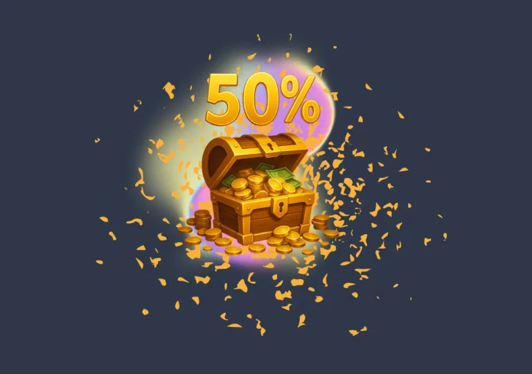 Golden treasure chest overflowing with coins and cash under a glowing 50% sign, surrounded by confetti.