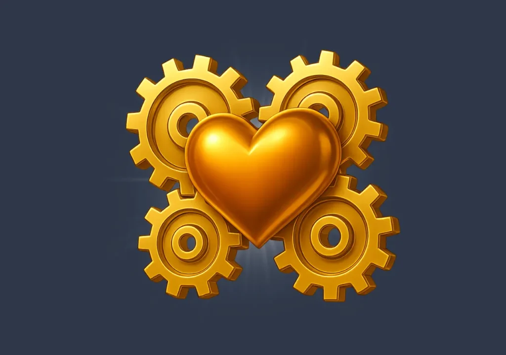 Golden heart shining inside golden gears, symbolizing human touch in automation