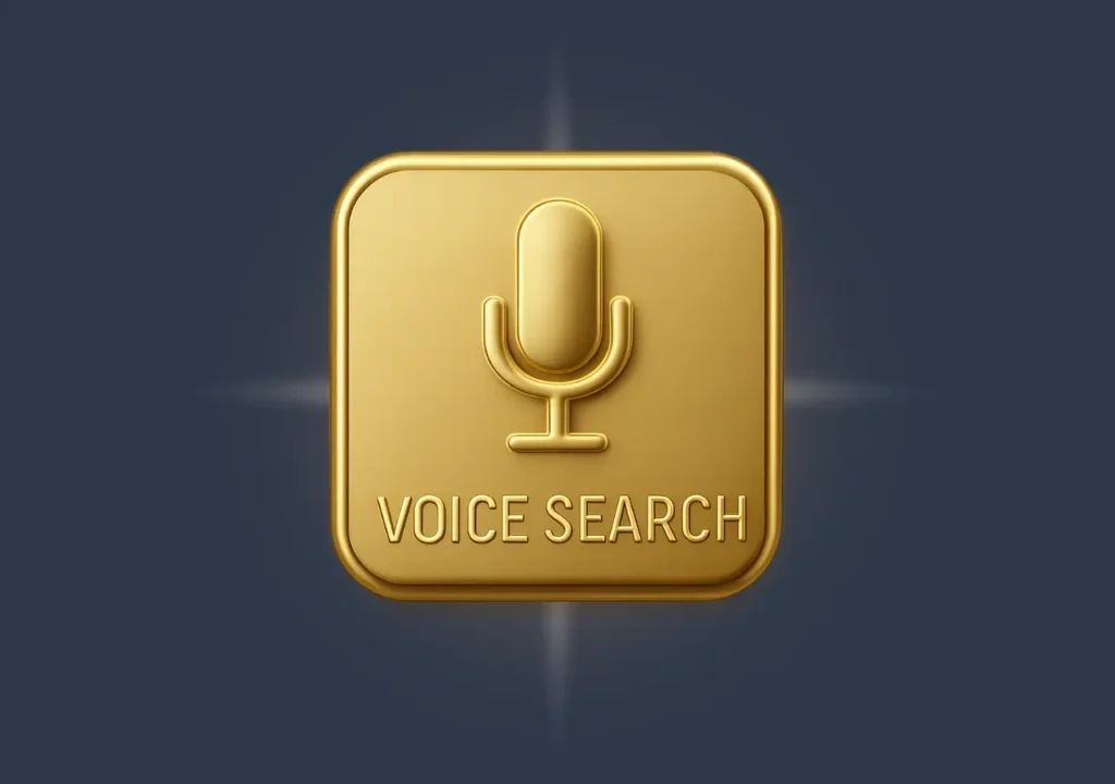 Golden voice search microphone icon symbolizing modern SEO and conversational queries